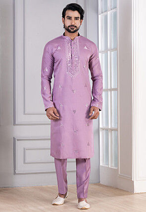 Embroidered Cotton Kurta Set in Purple