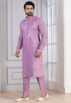 Embroidered Cotton Kurta Set in Purple
