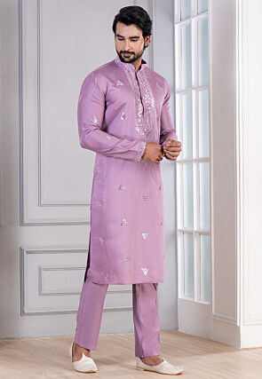 Embroidered Cotton Kurta Set in Purple