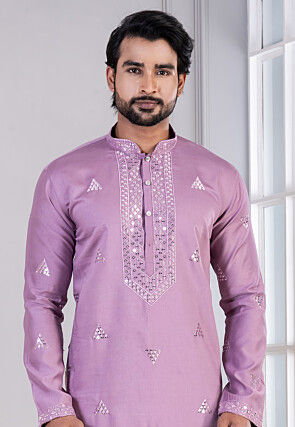 Embroidered Cotton Kurta Set in Purple