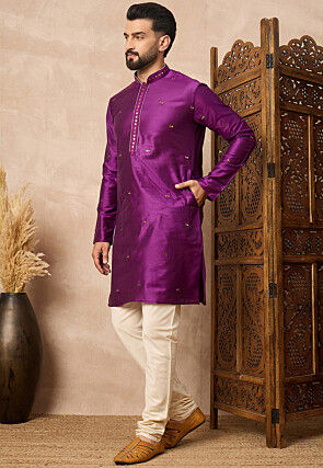 Embroidered Cotton Kurta Set in Purple