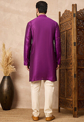 Embroidered Cotton Kurta Set in Purple