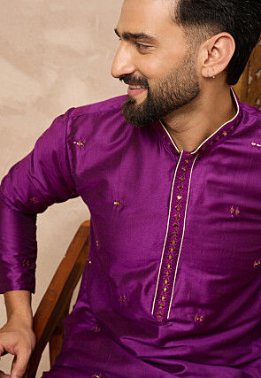 Embroidered Cotton Kurta Set in Purple