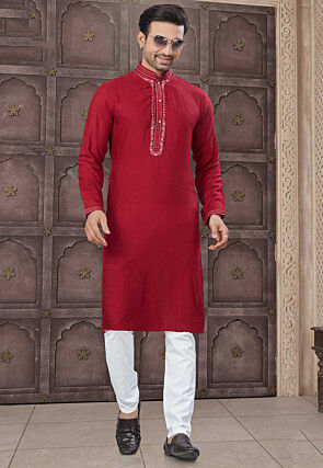 Embroidered Cotton Kurta Set in Red