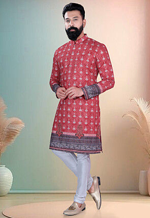 Embroidered Cotton Kurta Set in Red
