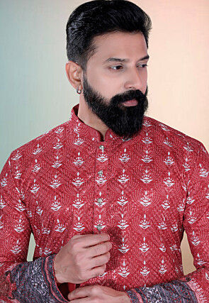 Embroidered Cotton Kurta Set in Red