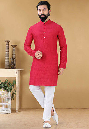 Embroidered Cotton Kurta Set in Red