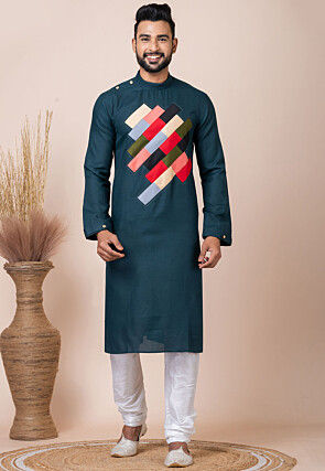 Embroidered Cotton Kurta Set in Teal Blue