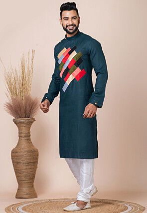 Embroidered Cotton Kurta Set in Teal Blue