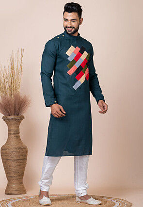 Embroidered Cotton Kurta Set in Teal Blue