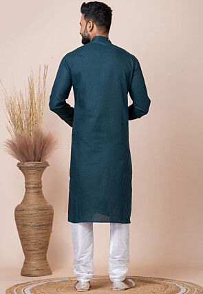 Embroidered Cotton Kurta Set in Teal Blue