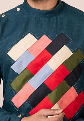 Embroidered Cotton Kurta Set in Teal Blue