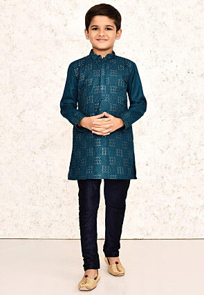 Embroidered Cotton Kurta Set in Teal Blue