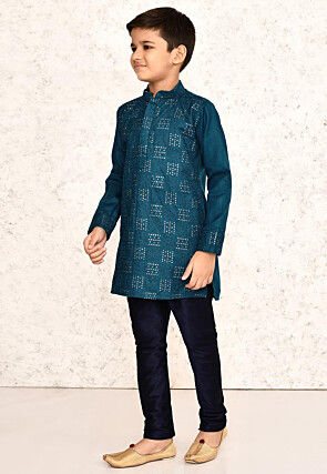 Embroidered Cotton Kurta Set in Teal Blue