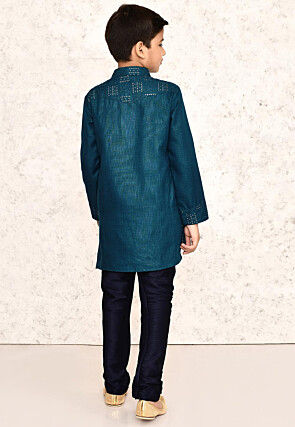 Embroidered Cotton Kurta Set in Teal Blue