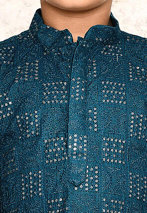 Embroidered Cotton Kurta Set in Teal Blue