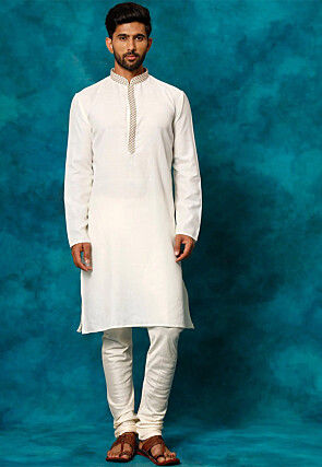 Embroidered Cotton Kurta Set in White