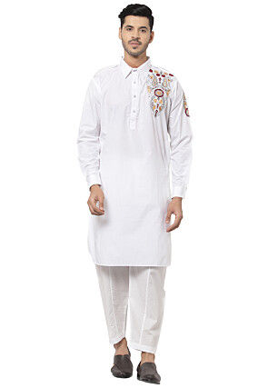 Embroidered Cotton Kurta Set in White