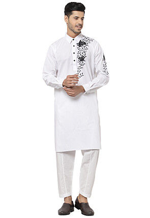 Embroidered Cotton Kurta Set in White