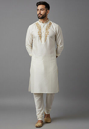Embroidered Cotton Kurta Set in White
