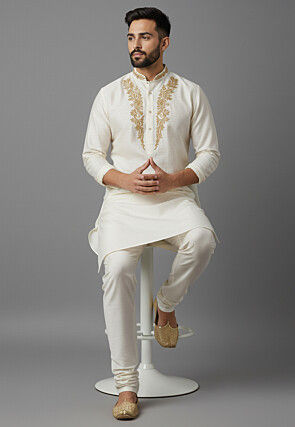 Embroidered Cotton Kurta Set in White