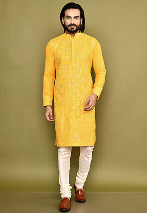 Embroidered Cotton Kurta Set in Yellow