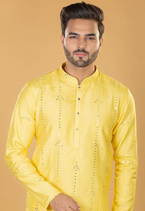 Embroidered Cotton Kurta Set in Yellow