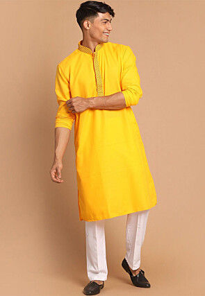 Embroidered Cotton Kurta Set in Yellow