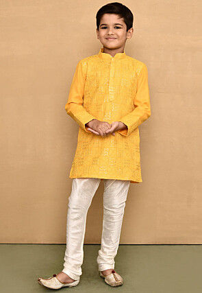 Embroidered Cotton Kurta Set in Yellow