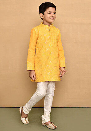 Embroidered Cotton Kurta Set in Yellow