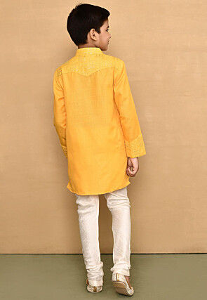 Embroidered Cotton Kurta Set in Yellow
