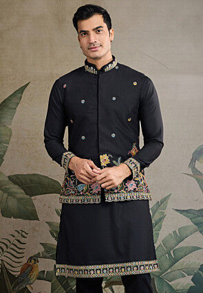 Embroidered Cotton Kurta with Jacket in Black