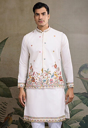 Embroidered Cotton Kurta with Jacket in White