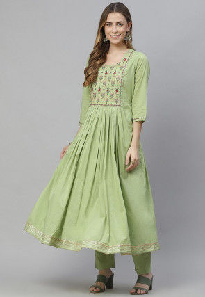 Embroidered Cotton Kurta with Sharara in Light Green