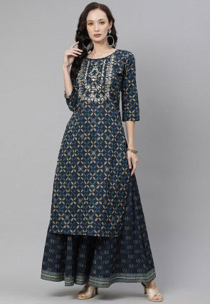 Embroidered Cotton Kurta with Palazzo in Dark Blue
