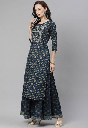 Embroidered Cotton Kurta with Palazzo in Dark Blue