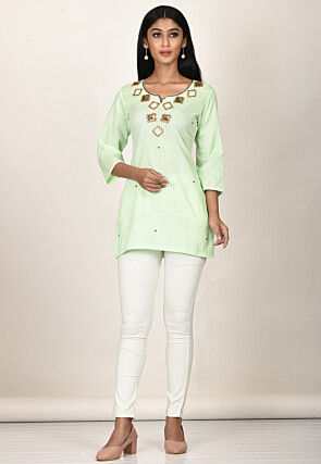 Embroidered Cotton Kurti in Light Green