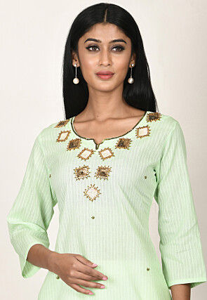 Embroidered Cotton Kurti in Light Green