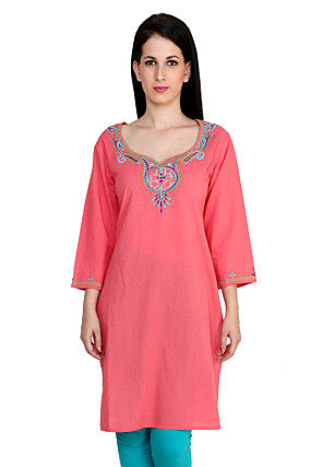 Embroidered Cotton Kurti in Old Rose