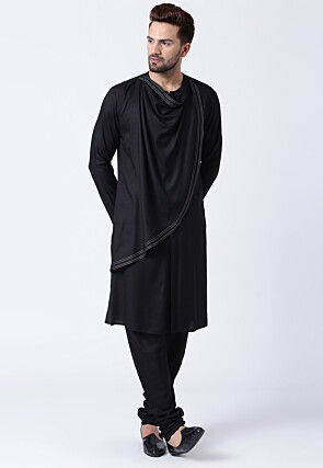 Embroidered Cotton Layered Kurta Set in Black