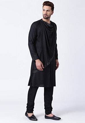 Embroidered Cotton Layered Kurta Set in Black