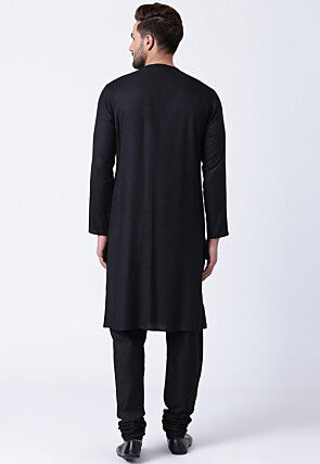 Embroidered Cotton Layered Kurta Set in Black