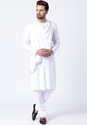 Embroidered Cotton Layered Kurta Set in White