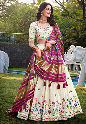 Embroidered Cotton Lehenga in Cream