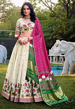 Embroidered Cotton Lehenga in Cream