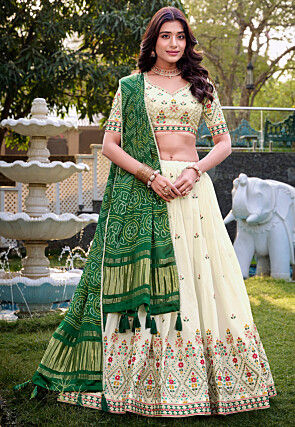 Embroidered Cotton Lehenga in Cream