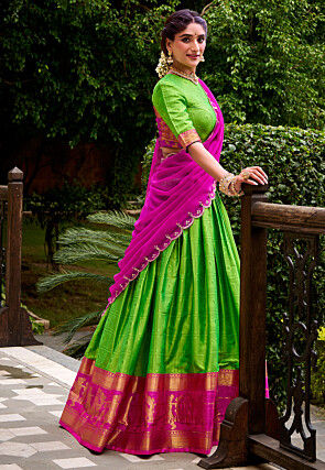 Embroidered Cotton Lehenga in Green