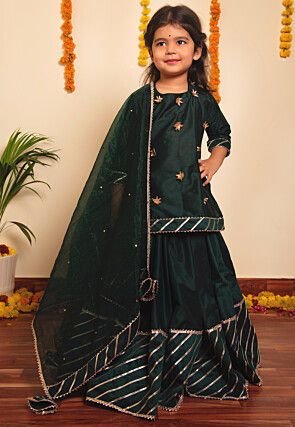 Embroidered Cotton Lehenga in Dark Green