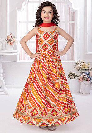 Embroidered Cotton Lehenga in Orange and Yellow