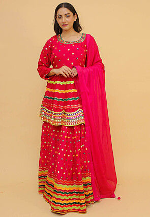 Embroidered Cotton Lehenga in Pink